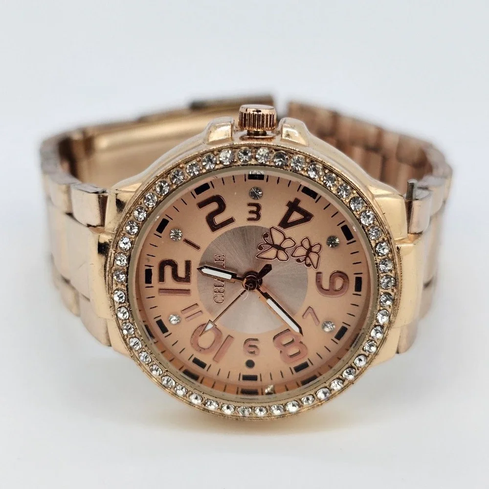 30MM Women's Watch Gold Dial Crystal Bezel Gold Bracelet Band 6.5